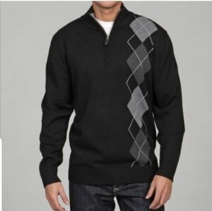 Oscar de la Renta Mock Neck 1/4 Zip Sweater Argyle Print Black/Grey Size M